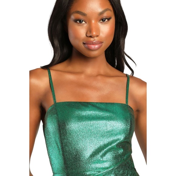 Lulu's Always Envied Green Shiny Metallic Gathered Mini Dress - Picture 3 of 5